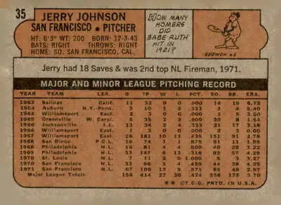 Vintage 1972 Topps Jerry Johnson trading card back for Jerry Johnson trading collectors