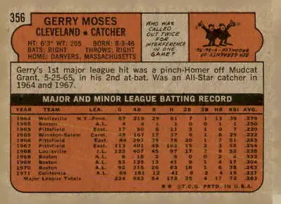 Gerry Moses baseball card 1972 Topps #356 Cleveland Indians player in EX-MT condition