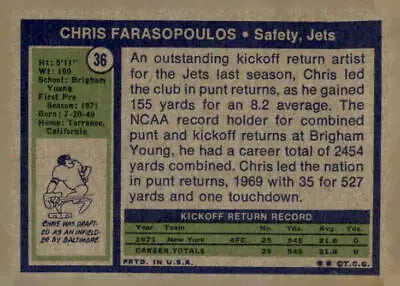 Vintage Chris Farasopoulos football card from the 1972 Topps #36 set