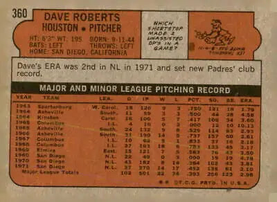 Back of 1972 Topps #360 Dave Roberts EX-MT trading card showcasing player stats