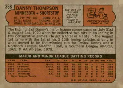 Vintage baseball card back of 1972 Topps #368 Danny Thompson sports trading card