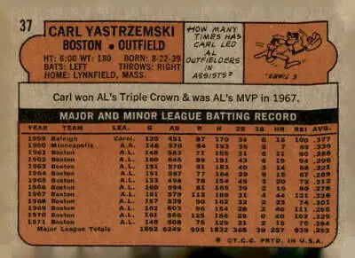 Back of 1972 Topps #37 Carl Yastrzemski trading card featuring legendary Boston Red Sox player