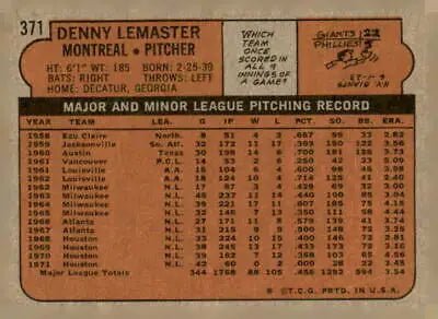 Vintage baseball card back of 1972 Topps Denny Lemaster sports trading card EX-MT