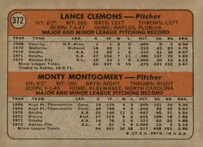 Back of 1972 Topps #372 Royals Rookie Stars sports trading card featuring Lance Clemons Monty Montgomery