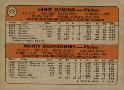 Baseball card back featuring rookie stars Lance Clemons and Monty Montgomery from 1972 Topps Royals