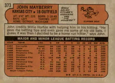 Baseball card back featuring John Mayberry of the Kansas City Royals from 1972 Topps