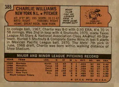 Back of 1972 Topps Charlie Williams baseball card showing player stats and details