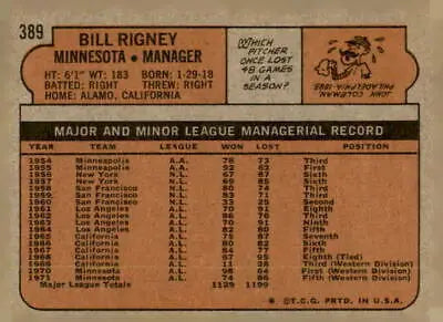 Bill Rigney baseball card back from 1972 Topps #389 sports trading card EX-MT condition