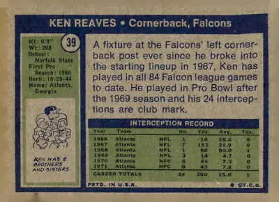 Ken Reaves trading card from 1972 Topps #39 in excellent condition EX-MT