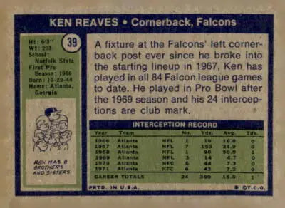 Ken Reaves football trading card from 1972 Topps #39 displayed in ken reaves trading collection