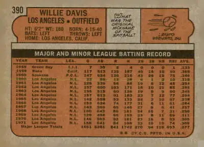 Willie Davis baseball card back from 1972 Topps #390 in excellent condition