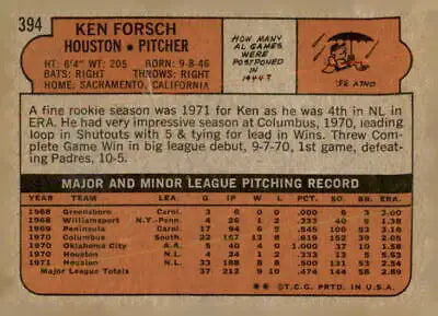Vintage baseball card back of 1972 Topps Ken Forsch, Houston Astros collectible