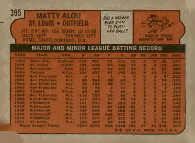 Back of 1972 Topps #395 Matty Alou EX baseball card showcasing vintage design and stats