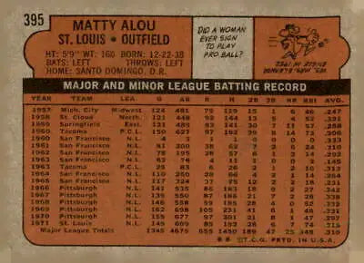 1972 Topps #395 Matty Alou trading card for sports trading card collectors