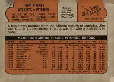 Back of 1972 Topps #401 Jim Nash baseball card showcasing player statistics and details