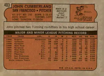 Vintage 1972 Topps John Cumberland baseball card featuring San Francisco Giants player