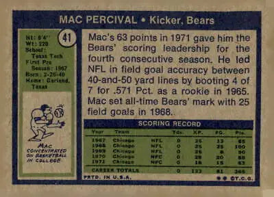 Vintage 1972 Topps #41 Mac Percival football card featuring Chicago Bears player