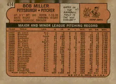 Back of the 1972 Topps #414 Bob Miller trading card, showcasing vintage sports trading history