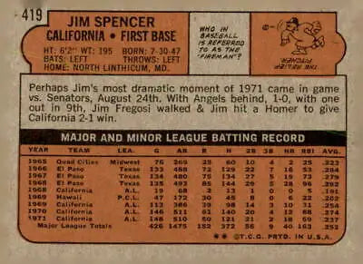 Jim Spencer baseball card back from the 1972 Topps Spencer baseball card collection