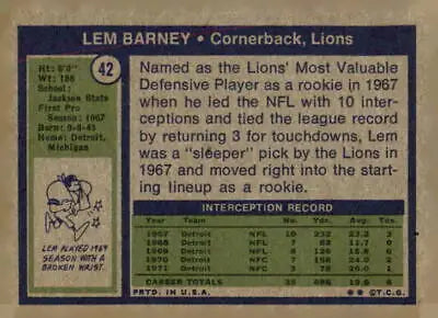 Lem Barney football trading card from 1972 Topps #42 in excellent condition