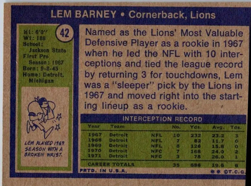 1972 Topps #42 Lem Barney trading card showcasing the football legend Lem Barney