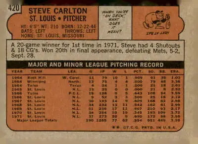 Back of 1972 Topps Steve Carlton baseball card showcasing trading card details