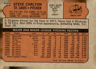 Vintage baseball card back of 1972 Topps #420 Steve Carlton trading card