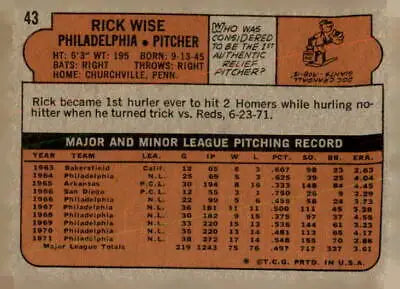 Back of 1972 Topps #43 Rick Wise baseball card showcasing player stats and highlights