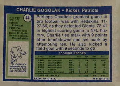 Vintage Charlie Gogolak trading card from 1972 Topps #44 in EX-MT condition