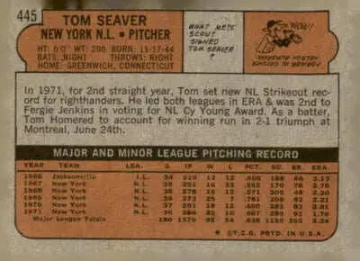 Tom Seaver baseball card back from 1972 Topps #445 featuring detailed player stats