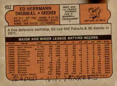 Vintage 1972 Topps #452 Ed Herrmann baseball card back featuring Chicago White Sox details
