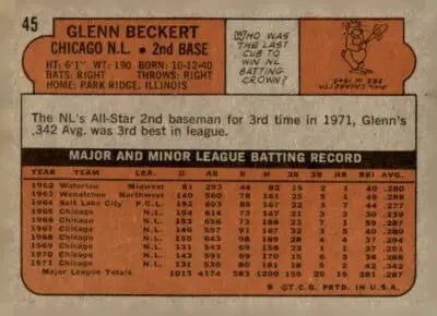 Glenn Beckert baseball trading card back from 1972 Topps #45a featuring yellow under C and S