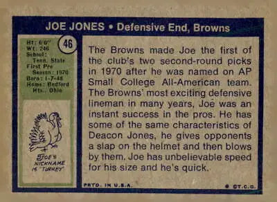Vintage Joe Jones trading card from the 1972 Topps #46 set in EX-MT condition