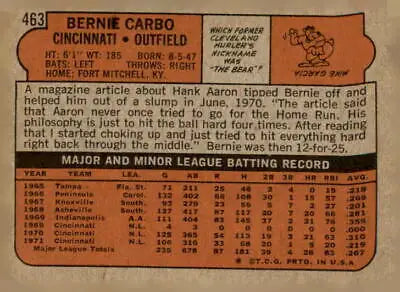 Bernie Carbo baseball card back featuring Tim Cullen from the 1972 Topps collection