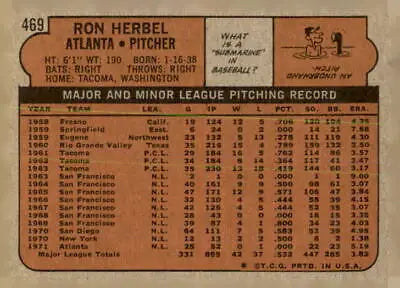 Back of 1972 Topps #469 Ron Herbel trading card in EX-MT condition for collectors