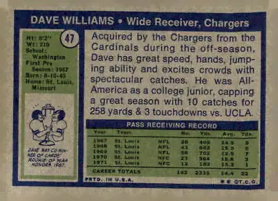1972 Topps #47 Dave Williams football card showcasing the player in action