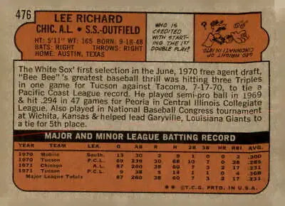 Vintage baseball card back of 1972 Topps Lee Richard, Chicago White Sox collectible