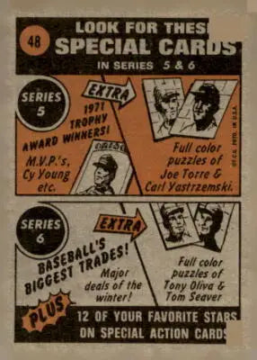 Vintage baseball trading card advertisement featuring 1972 Topps John Ellis sports trading card