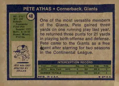 Back of 1972 Topps #48 Pete Athas trading card featuring the York Giants