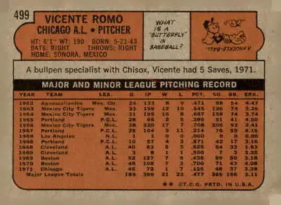 Vintage baseball card back of 1972 Topps #499 Vicente Romo, Chicago White Sox collectible