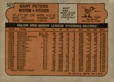 Vintage baseball card back featuring Gary Peters of the Boston Red Sox team