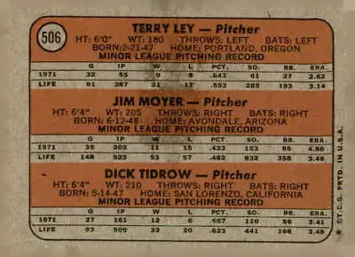 Baseball card back showing player statistics of rookie stars Terry Ley and Jim Moyer
