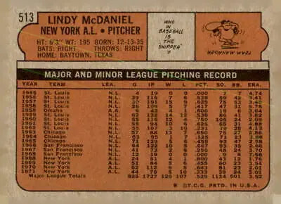 Vintage 1972 Topps #513 Lindy McDaniel trading card back from York Yankees player