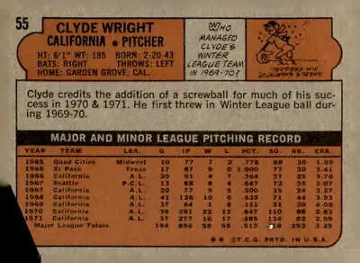 Back of 1972 Topps Clyde Wright trading card featuring California Angels player