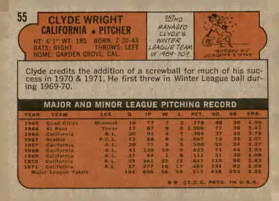 Vintage back of 1972 Topps #55 Clyde Wright baseball card showcasing player statistics
