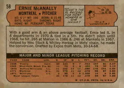 Vintage baseball card back of 1972 Topps #58 Ernie McAnally trading card