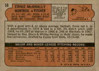 Vintage 1972 Topps #58 Ernie McAnally baseball card back featuring player stats and details