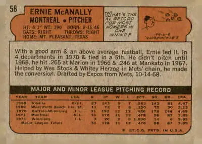 Vintage baseball card back featuring 1972 Topps Ernie McAnally trading card