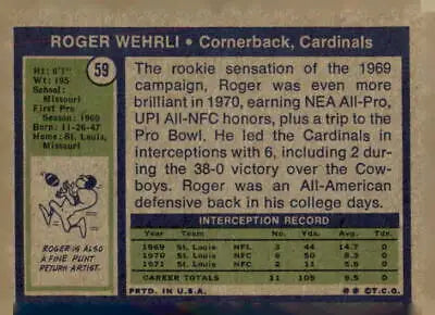 Back of 1972 Topps #59 Roger Wehrli sports trading card showcasing player details