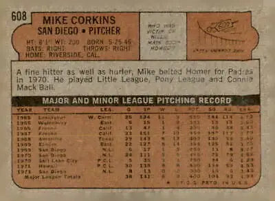 Vintage baseball card back featuring Mike Corkins of the San Diego Padres